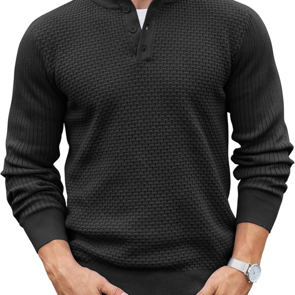Elegant Men's Waffle Knitted Quarter Button Sweater - Mock Neck Pullover Large
